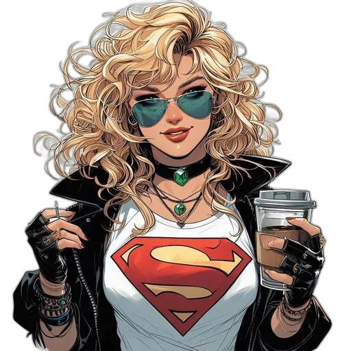 weapon, comic book art, concept art, cartoon, illustrated, woman, donning, superman transparent PNG cut-out