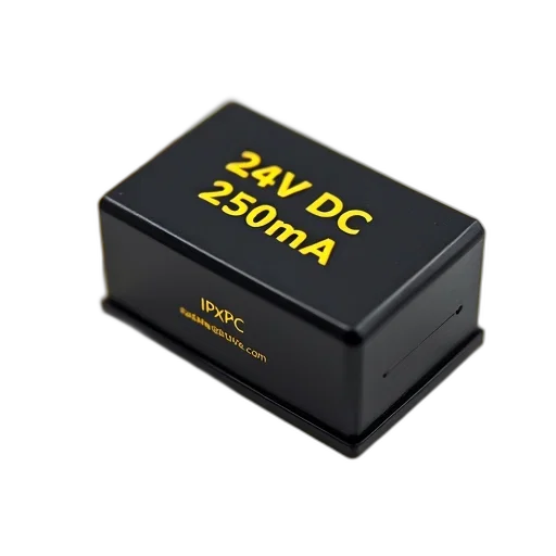 3d render, black, gold, electronic, component, label, reads, 24v transparent PNG cut-out