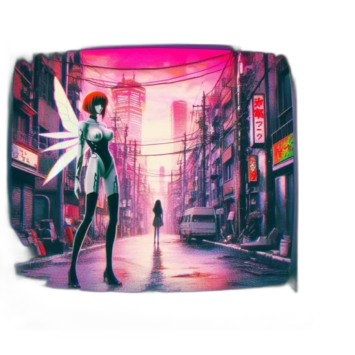 robot, dress, jacket, umbrella, cyberpunk, concept art, comic book art, vaporwave transparent PNG cut-out
