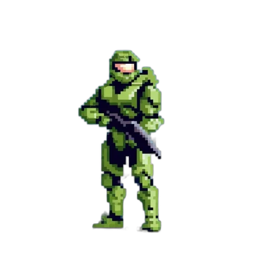 robot, weapon, pixel art, 3d render, concept art, comic book art, green, neon transparent PNG cut-out