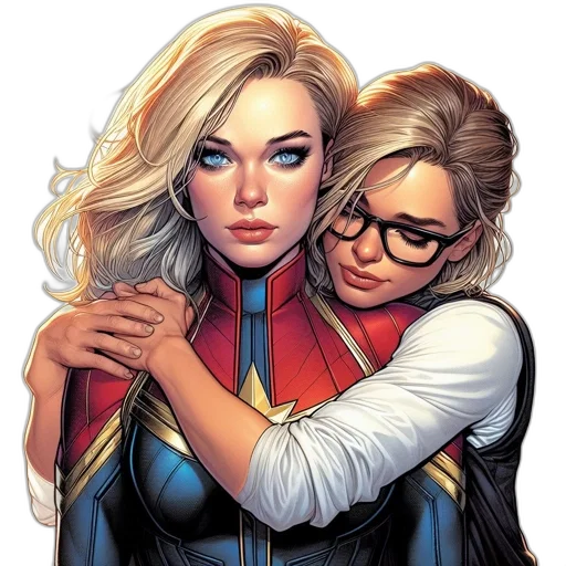 comic book art, concept art, two, women, one, resembling, captain, marvel transparent PNG cut-out