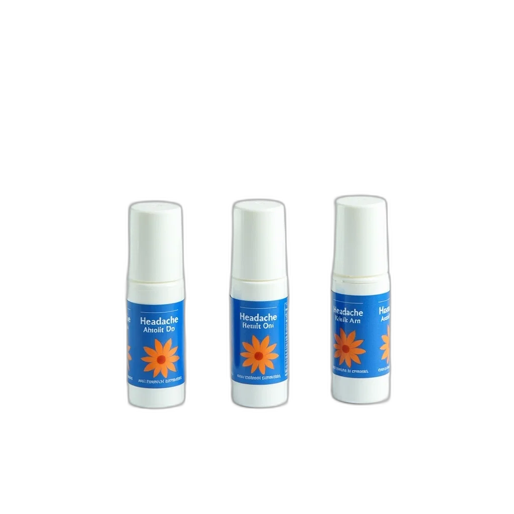 three, identical, bottles, headache, relief, roll-on, arranged, row transparent PNG cut-out