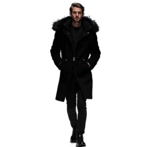 jacket, dark, monochrome, man, walking, down, runway, wearing transparent PNG cut-out