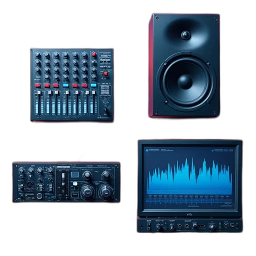 collection, various, audio, equipment, displayed, colorful, background, wavy transparent PNG cut-out