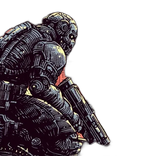 robot, weapon, concept art, comic book art, pixel art, cyberpunk, outer space, dark transparent PNG cut-out
