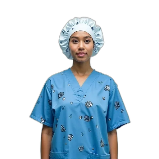 staff, dress, person, wearing, blue, scrub, top, pattern transparent PNG cut-out