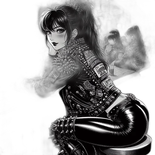 dress, comic book art, fantasy art, cyberpunk, concept art, neon lights, monochrome, dark transparent PNG cut-out