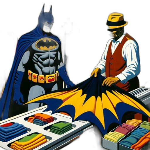 comic book art, concept art, colorful, inside, clothing, store, batman, stands transparent PNG cut-out