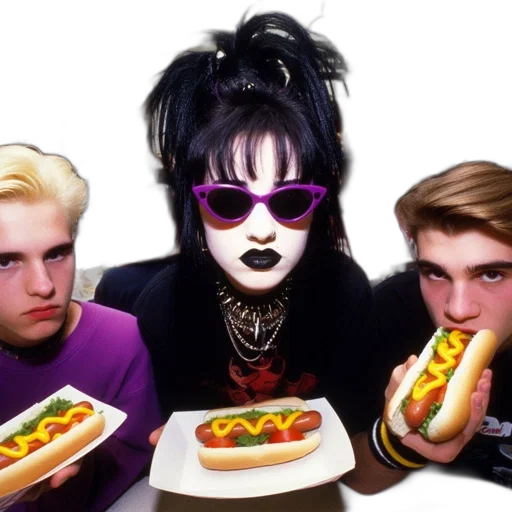 food, vaporwave, photorealistic, cyberpunk, neon lights, fire, three, individuals transparent PNG cut-out