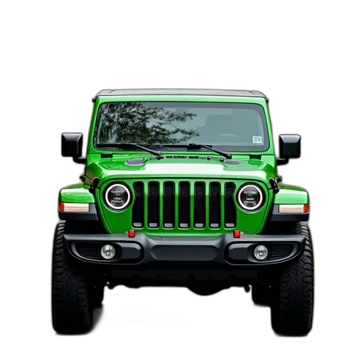 car, 3d render, photorealistic, green, jeep, wrangler, parked, road transparent PNG cut-out
