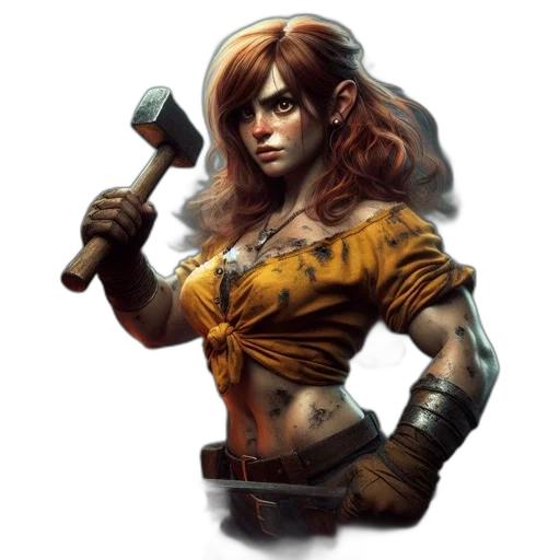 staff, fantasy art, concept art, comic book art, pixel art, earth tones, fiery-haired, blacksmith transparent PNG cut-out