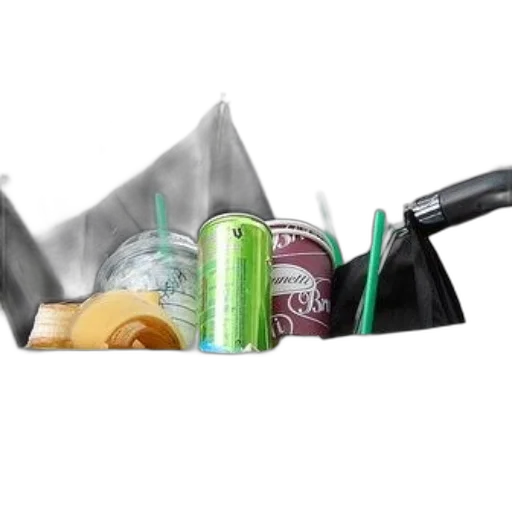 bottle, food, umbrella, green, can, straw, sits, trash transparent PNG cut-out