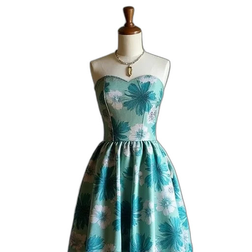 dress, blue, mannequin, wearing, sleeveless, knee-length, floral, pattern transparent PNG cut-out