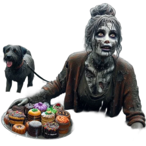 food, concept art, dark, rainy, graveyard, disheveled, zombie, woman transparent PNG cut-out