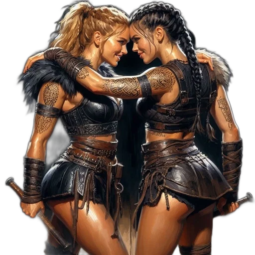concept art, fantasy art, comic book art, photorealistic, fire, two, armored, women transparent PNG cut-out