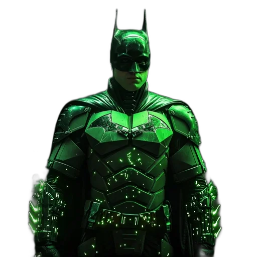 comic book art, concept art, 3d render, green, figure, futuristic, batman-esque, armor transparent PNG cut-out