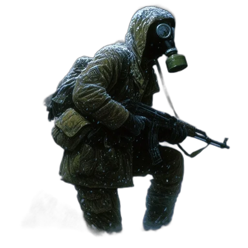 weapon, jacket, mask, creature, concept art, pixel art, 3d render, comic book art transparent PNG cut-out