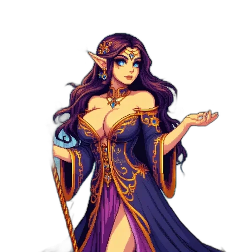 dress, staff, fantasy art, pixel art, concept art, comic book art, colorful, dark transparent PNG cut-out