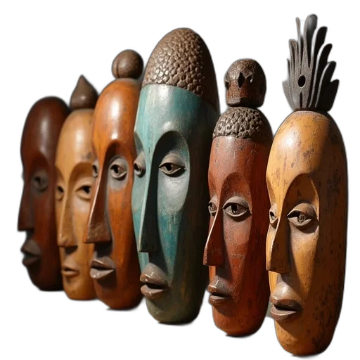 mask, face, jewelry, staff, photorealistic, 3d render, concept art, earth tones transparent PNG cut-out