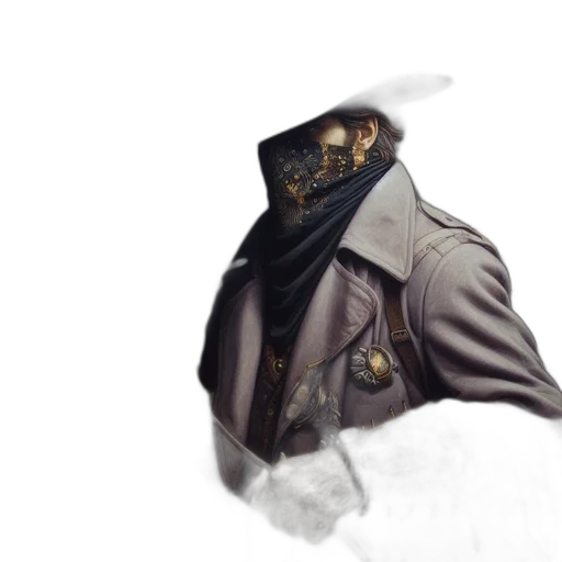 jacket, hat, mask, staff, concept art, fantasy art, photorealistic, watercolor transparent PNG cut-out