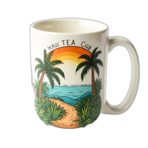 photorealistic, beach, white, ceramic, mug, colorful, tropical, design transparent PNG cut-out