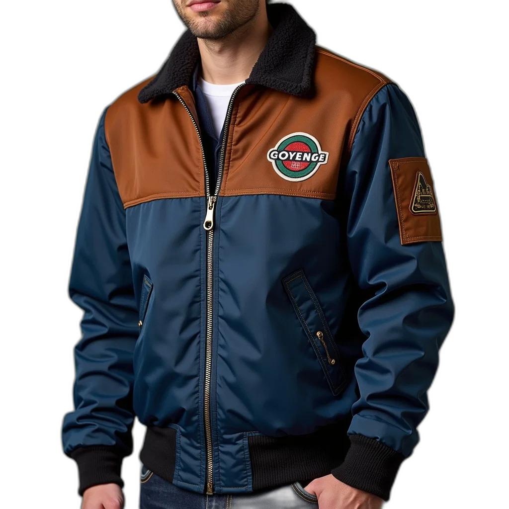 jacket, staff, person, wearing, blue, brown, bomber, red transparent PNG cut-out