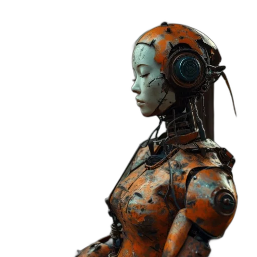 robot, cyberpunk, concept art, 3d render, weathered, rusty, orange, robotic transparent PNG cut-out