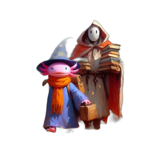 staff, robot, creature, hat, concept art, fantasy art, pixel art, 3d render transparent PNG cut-out