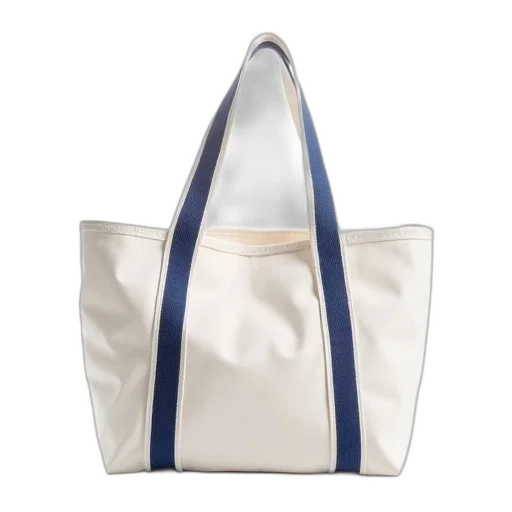 white, canvas, tote, bag, blue, stripes, handles, displayed transparent PNG cut-out