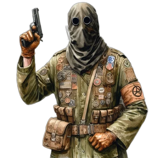 jacket, mask, weapon, staff, concept art, comic book art, pixel art, photorealistic transparent PNG cut-out