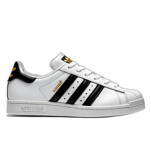 shoes, photorealistic, white, adidas, sneaker, black, stripes, gold transparent PNG cut-out