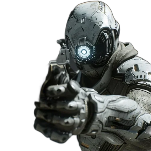 weapon, robot, mask, concept art, 3d render, cyberpunk, futuristic, armored transparent PNG cut-out