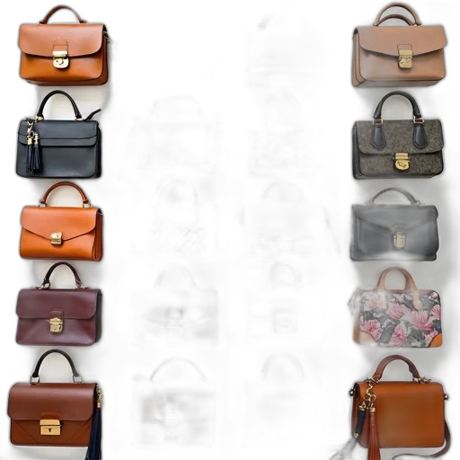 earth tones, collection, various, handbags, displayed, grid, pattern, come transparent PNG cut-out