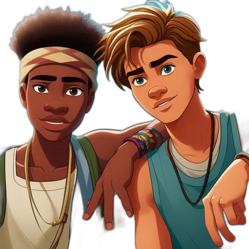 concept art, cartoon, comic book art, anime, two, diverse, characters, one transparent PNG cut-out