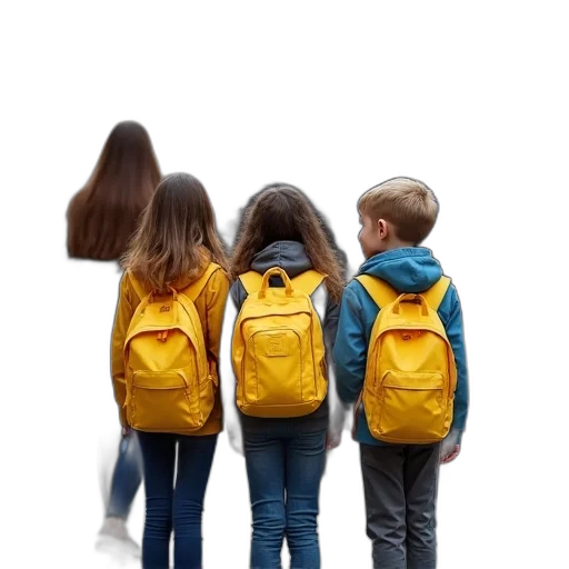 jacket, 3d render, group, children, wearing, yellow, vests, backpacks transparent PNG cut-out