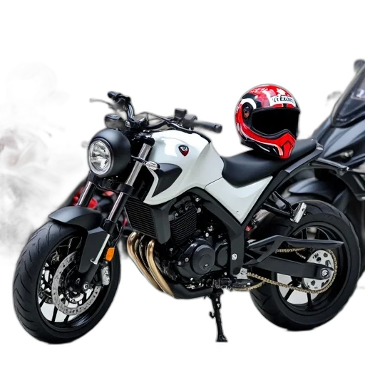 photorealistic, 3d render, black, white, motorcycle, red, helmet, seat transparent PNG cut-out