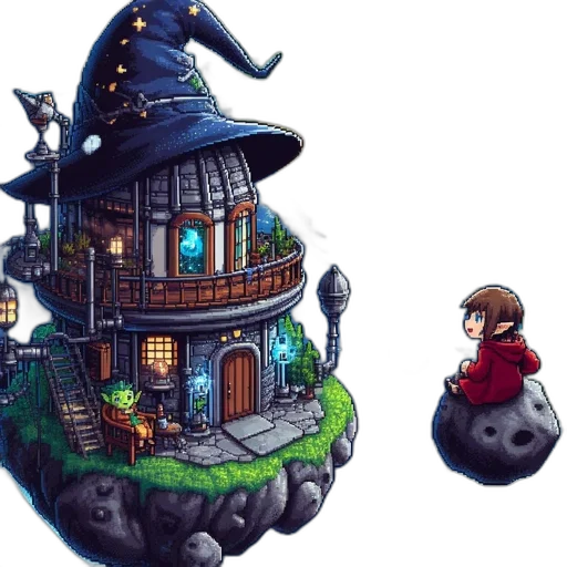 concept art, pixel art, fantasy art, 3d render, magical, floating, house, wizard transparent PNG cut-out