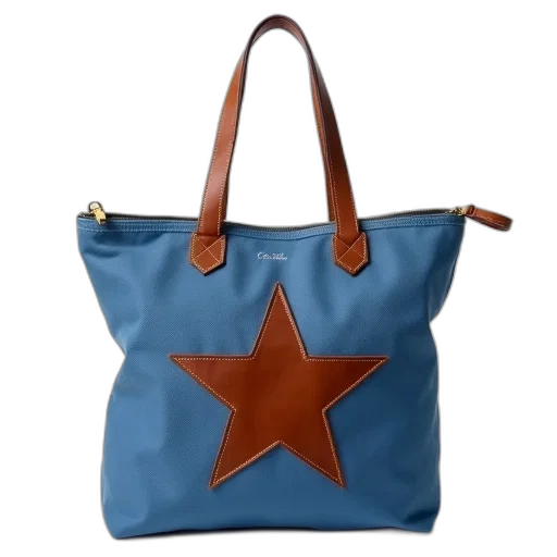 3d render, blue, canvas, tote, bag, brown, leather, star transparent PNG cut-out