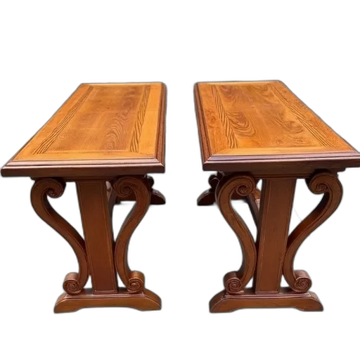 furniture, 3d render, two, wooden, tables, intricate, carvings, glossy transparent PNG cut-out