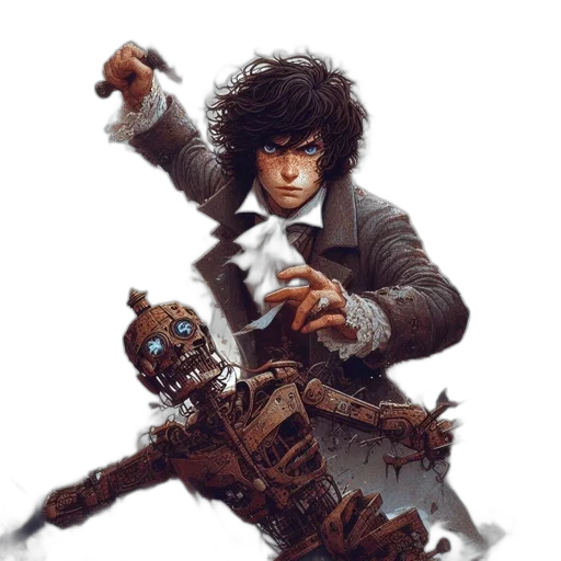 robot, concept art, comic book art, fantasy art, pixel art, urban, wasteland, man transparent PNG cut-out