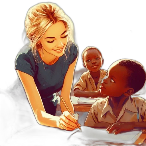 watercolor, photorealistic, concept art, cartoon, young, blonde-haired, woman, teaches transparent PNG cut-out