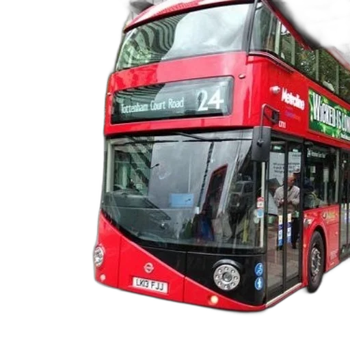 photorealistic, 3d render, concept art, red, double-decker, bus, route, number transparent PNG cut-out