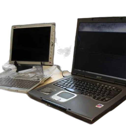 3d render, two, laptops, desk, one, black, keyboard, other transparent PNG cut-out