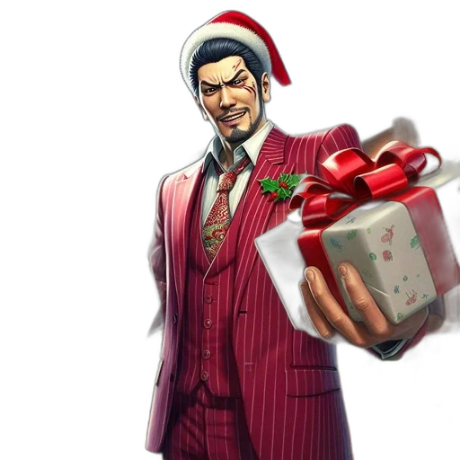 concept art, man, wears, santa, outfit, holds, gifts, near transparent PNG cut-out