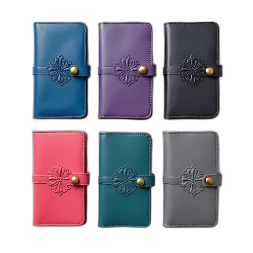 pastel, colorful, set, five, identical, leather-bound, notebooks, central transparent PNG cut-out