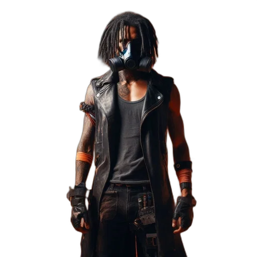 mask, weapon, jacket, face, cyberpunk, concept art, 3d render, pixel art transparent PNG cut-out