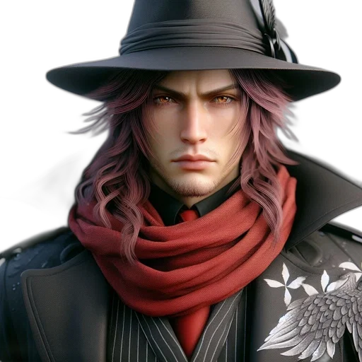 hat, jacket, staff, face, concept art, fantasy art, photorealistic, 3d render transparent PNG cut-out