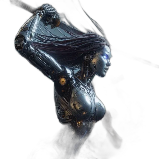 sword, robot, hair, weapon, concept art, fantasy art, cyberpunk, comic book art transparent PNG cut-out