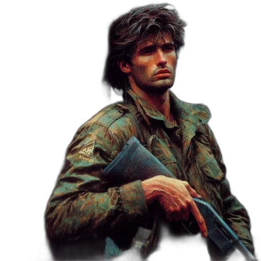 jacket, weapon, photorealistic, concept art, pixel art, comic book art, image, captures transparent PNG cut-out