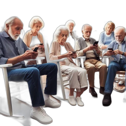 furniture, concept art, 3d render, photorealistic, cyberpunk, elderly, individuals, gather transparent PNG cut-out